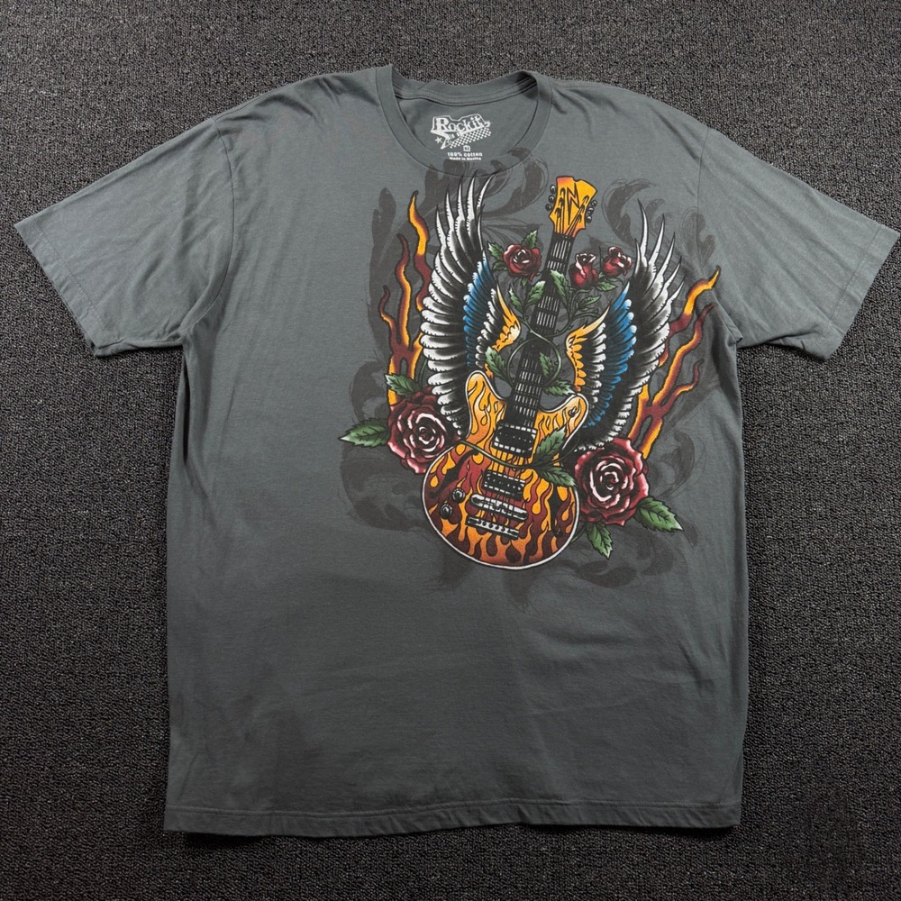 Rockit Men's XL Gray T-Shirt Ed Hardy Style Traditional Tattoo Guitar Skull Rose